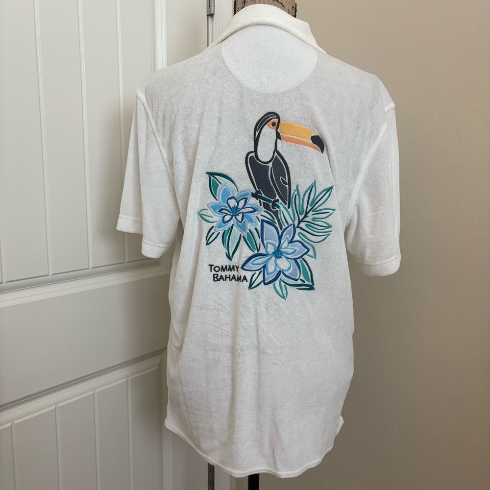 Tommy Bahama Terry Cloth Embroidered Poolside Toucan Terry Button Camp Shirt
